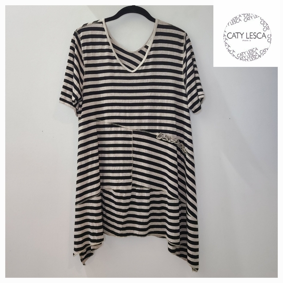CATY LESCA PARIS Black & Tan Multi Stripe Short Sleeve Boho Tunic Top M-L - Picture 1 of 14